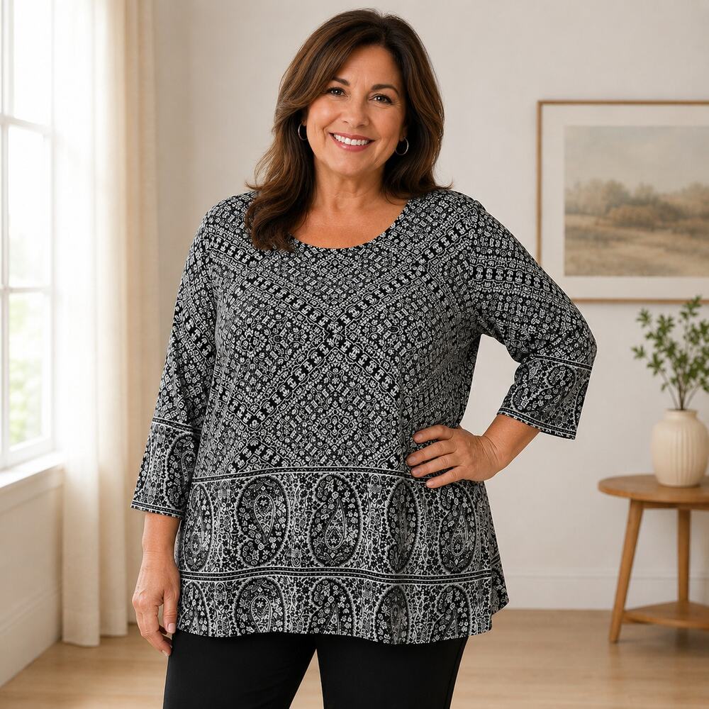 Lucky Brand Paisley Border Print knit Tunic Top size 2X 3/4 sleeve